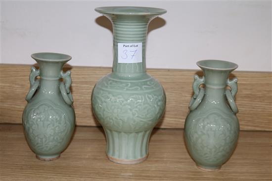 A group of Chinese celadon glazed porcelain vases and two dishes tallest vase 25cm